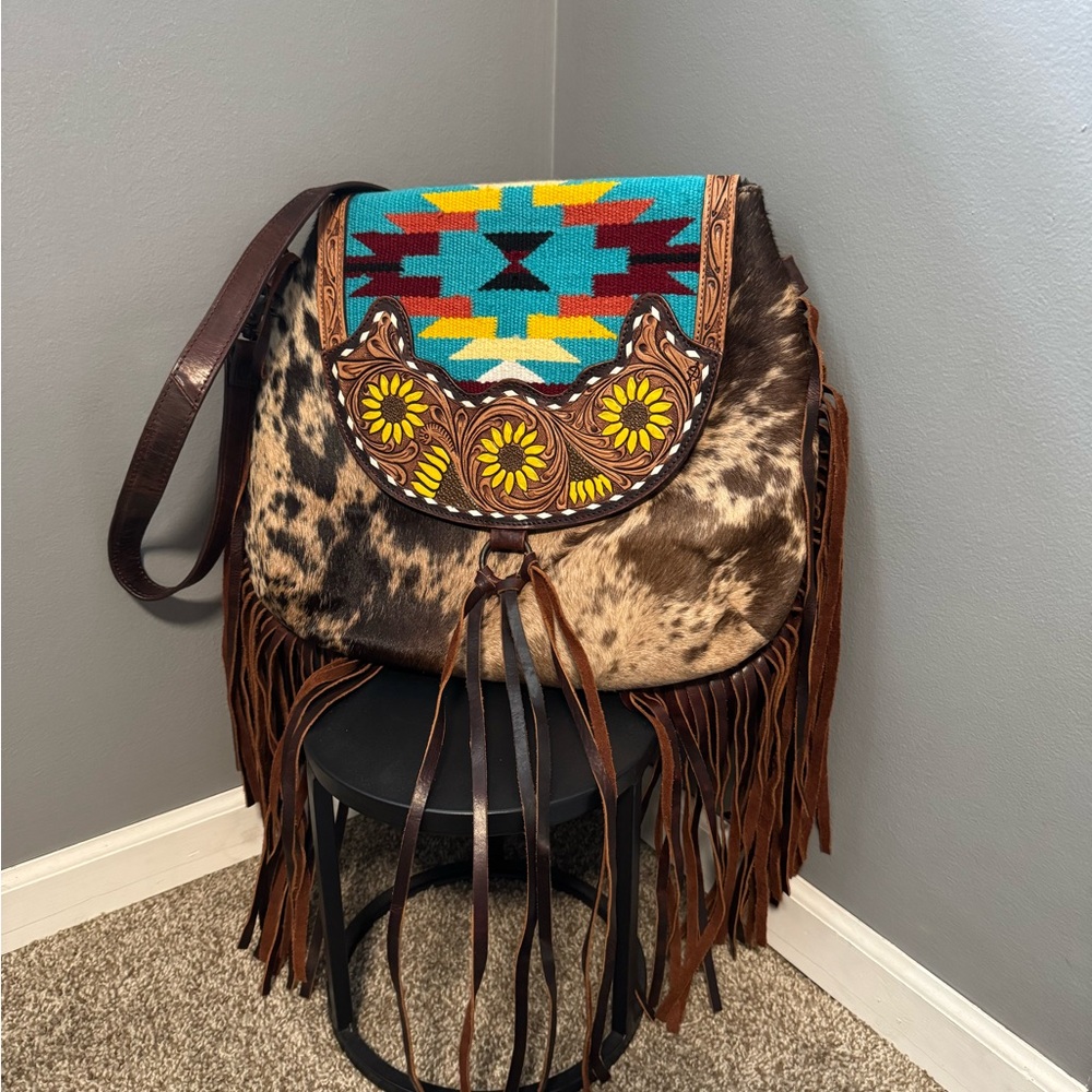 Brown and Multicolor Fringe Women Bag